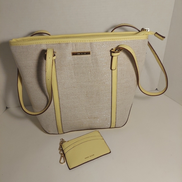 Anne Klein Handbags - Ann Klein Beige & Yellow Tote Bag Purse Shoulder Bag Metallic Canvas w Wallet